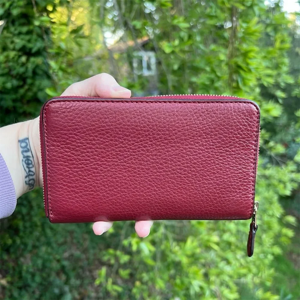 COACH Women's Medium Id Zip-Around Wallet Burgundy Pebbled Leather - Picture 2 of 8